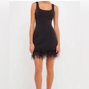 Elegant Black Feather Hem Dress